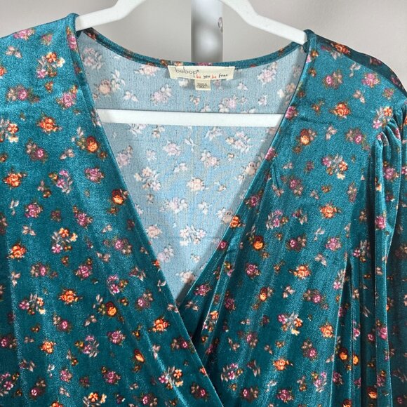 Wrap Style Velour Mini Dress Dark Teal Floral - Picture 3 of 6